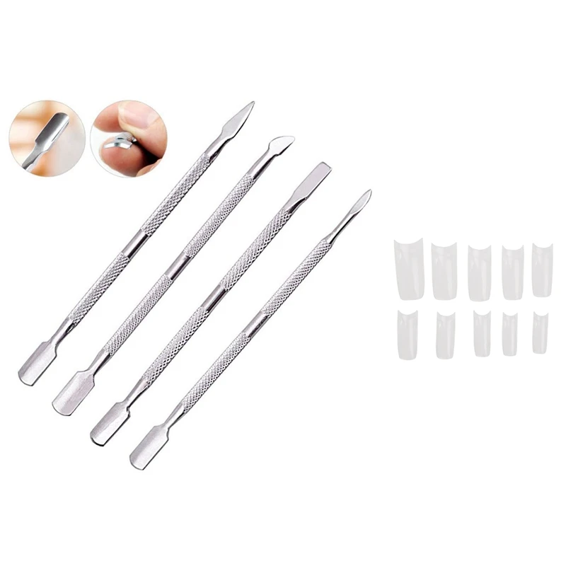

4Pcs Cuticle Pusher Uv Gel Polish Soak Off Remover Tool Nail Art Cuticle Trimmer , Silver & 500Pcs False Nail Tips Acrylic Piece