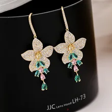  Colorful Zircon Tassel Dangler For Women Big Flower Exaggerated Earrings 2022 Fashion Jewelry Gold-Plated Korea Brands Earring 