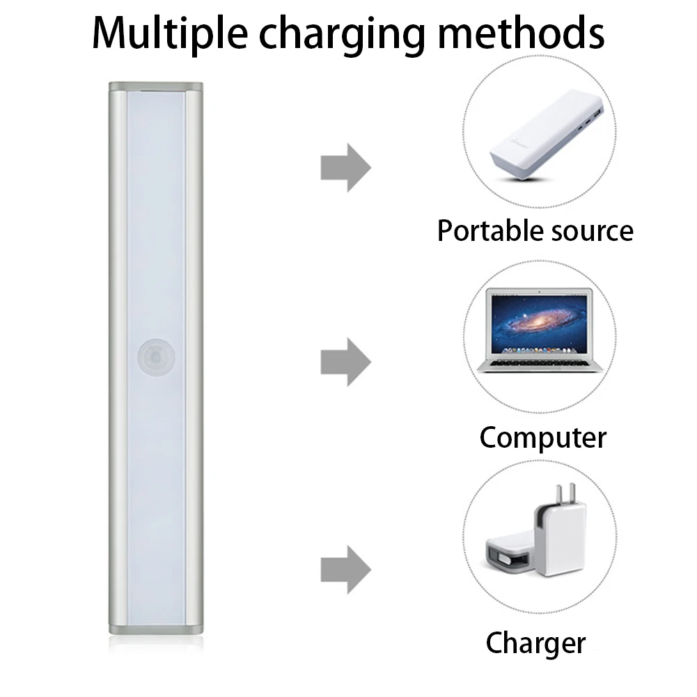 Беспроводной светильник для шкафа 30 светодиодный с клейкой наклейкой полосы USB Перезаряжаемый шкаф лестницы Крытый датчик движения магнитный