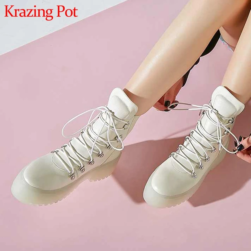 Krazing pot/ г. Зимние Роскошные однотонные сапоги до середины икры из натуральной кожи, с круглым носком, на толстой подошве, на высоком каблуке, L08