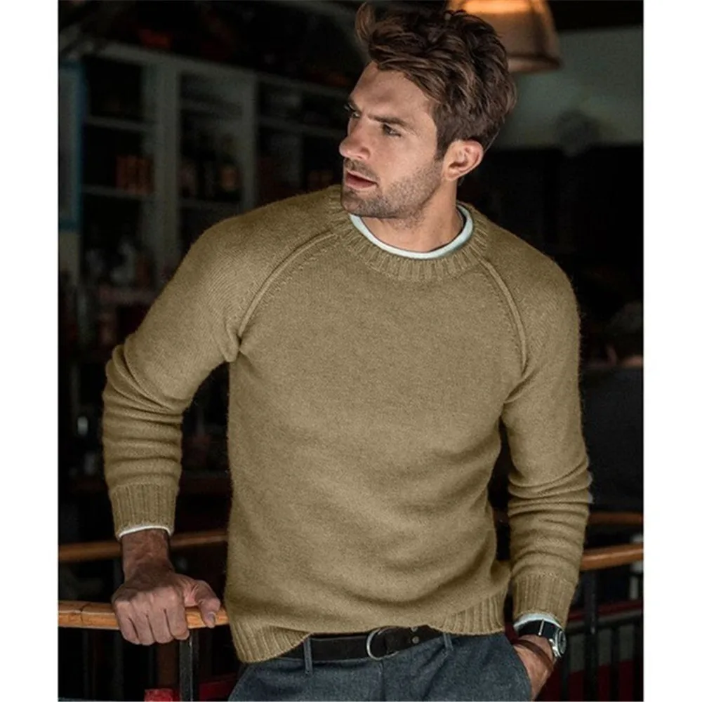 Осенне-зимние модные мужские свитера с длинным рукавом и круглым вырезом, вязаные топы для мужчин, повседневная верхняя одежда, мужской однотонный теплый свитер - Цвет: Khaki