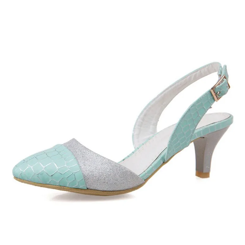 RizaBina Mixed Color Women Sandals Summer Pointed Toe Buckle Mid Heels Shoes Office Lady Daily Women Footwear Plus Size 32-45