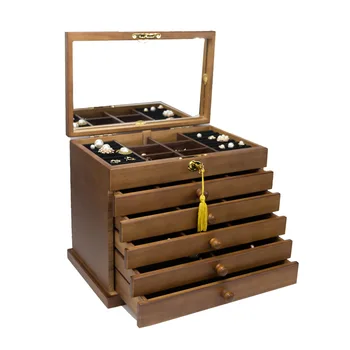 

6 layer luxury fashion women wooden jewlery box brown color women jewelry Portable Storage Organizer 200807-03