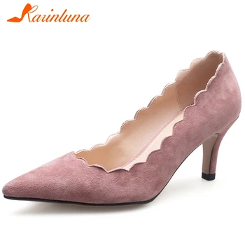 

Karinluna 2020 Hot Sale Kid Suede Spring Pumps Woman Shoes Sheepskin Thin Heels Pointed Toe Slip-On Elegant Shoes Women Pumps