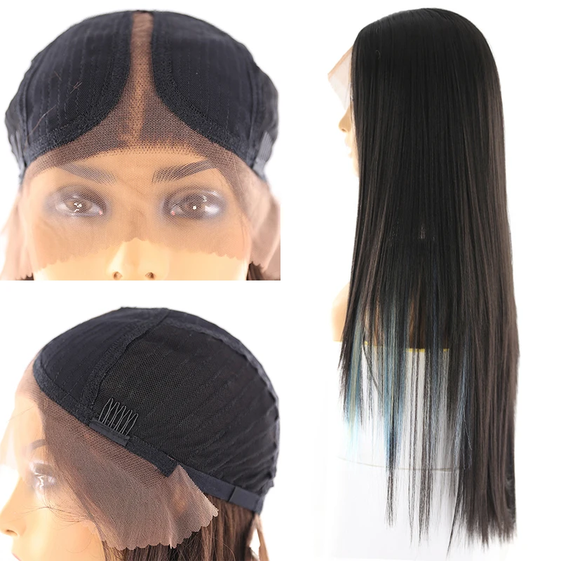 Яки прямые синтетические волосы парики с естественными волосами X-TRESS Ombre Синий Цвет Длинные слоистые кружева передний парик для черных женщин