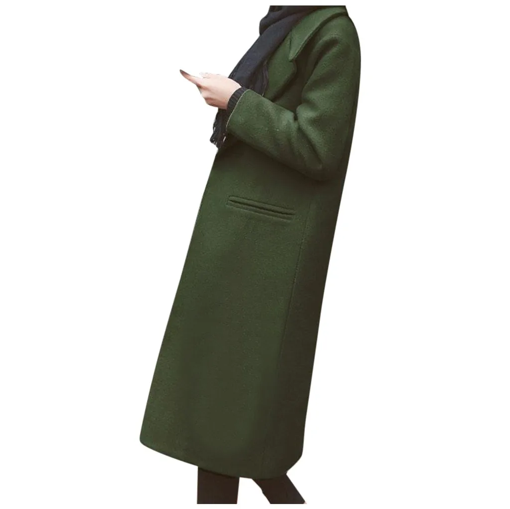 Осеннее Женское шерстяное пальто с карманами, Новое Модное Длинное облегающее шерстяное пальто, однотонные женские зимние шерстяные куртки, женская верхняя одежда# J30 - Цвет: Army Green