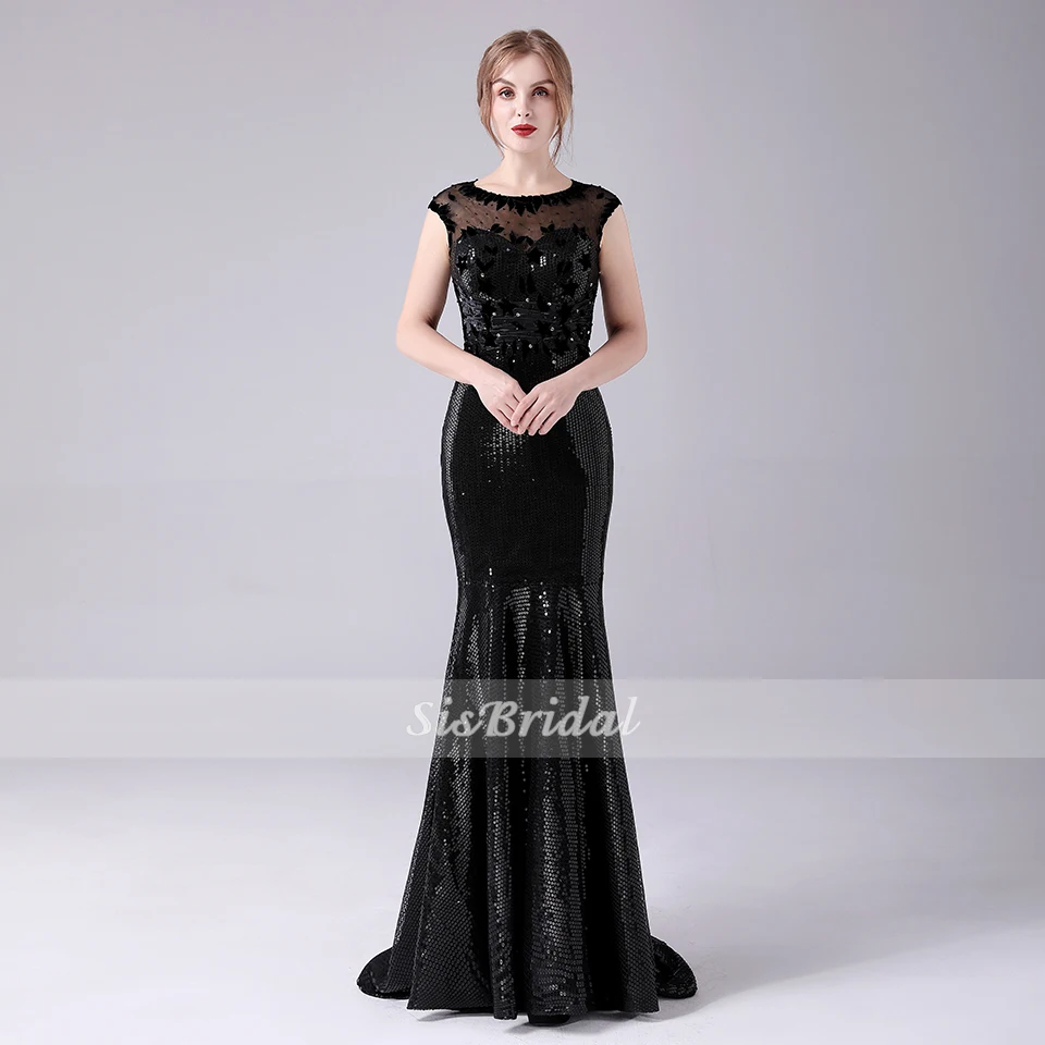

Trumpet / Mermaid Jewel Sweep / Brush Train Sequined Evening Dress with Lace