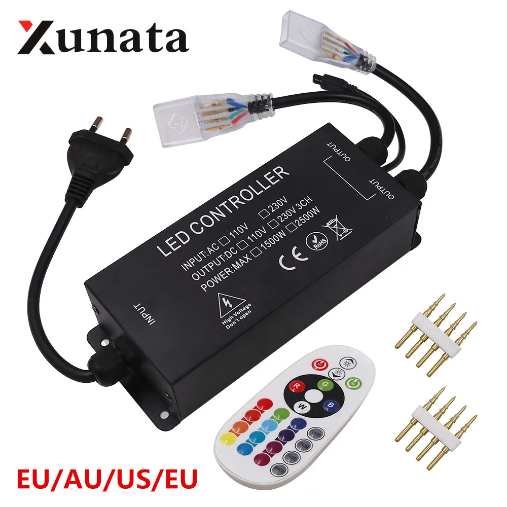

RGB Controller US 110V 1500W EU AU UK 220V 2500W RGB Controller with 24key IR Remote For 5050 2835 LED Strip Neon Light 10MM