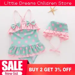 Новые детские купальный костюм для девочек Купальник розовый зеленый горошек Топ с бантом + нижнее бельё для девочек шляпа Комплект Дети