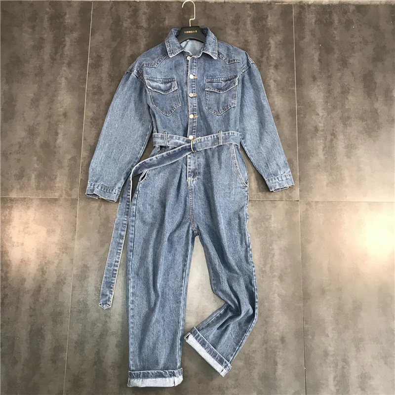 

New Pocket Belt Design Single row Button Couplet Jeans Jumpsuits