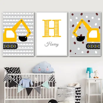 

Baby room Wall Decor Boy‘s name customization Canvas Art Posters and Prints Cartoon Excavator Paintings Kid Nursery No Frame