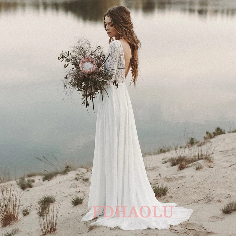 FDHAOLU FU73 Beach Wedding Dresses Full Sleeve V-Neck Open Back Boho Bridal Gowns Chiffon Party Dresses Sweep Train bridal dresses