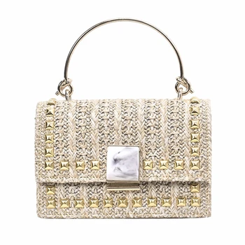 

NEW-Straw Beach Bag Wild River Marble Pattern Woven Shoulder Bag Solid Color Diagonal Small Square Bag