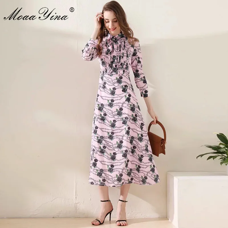 MoaaYina/модное дизайнерское платье для подиума; сезон весна-осень; женское платье с отложным воротником и оборками; платье в полоску с принтом