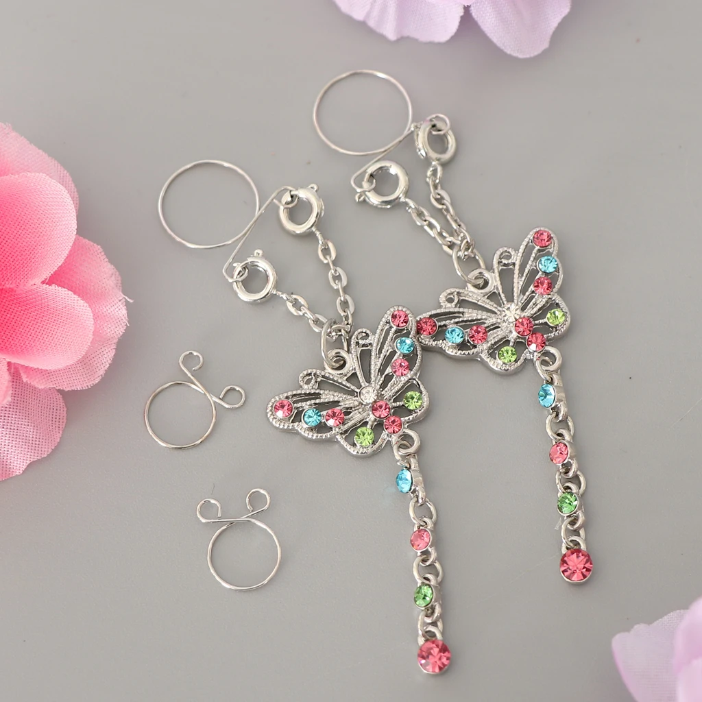 2 Pieces Nipple Rings + 2 Pieces Alternative Small Rings Butterfly Dangle Nipple Rings Piercing