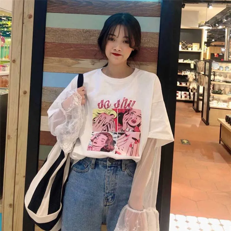 NiceMixKorea стильная футболка в стиле Харадзюку женская футболка с мультяшным принтом кружевная прошитая футболка с длинным рукавом свободная футболка