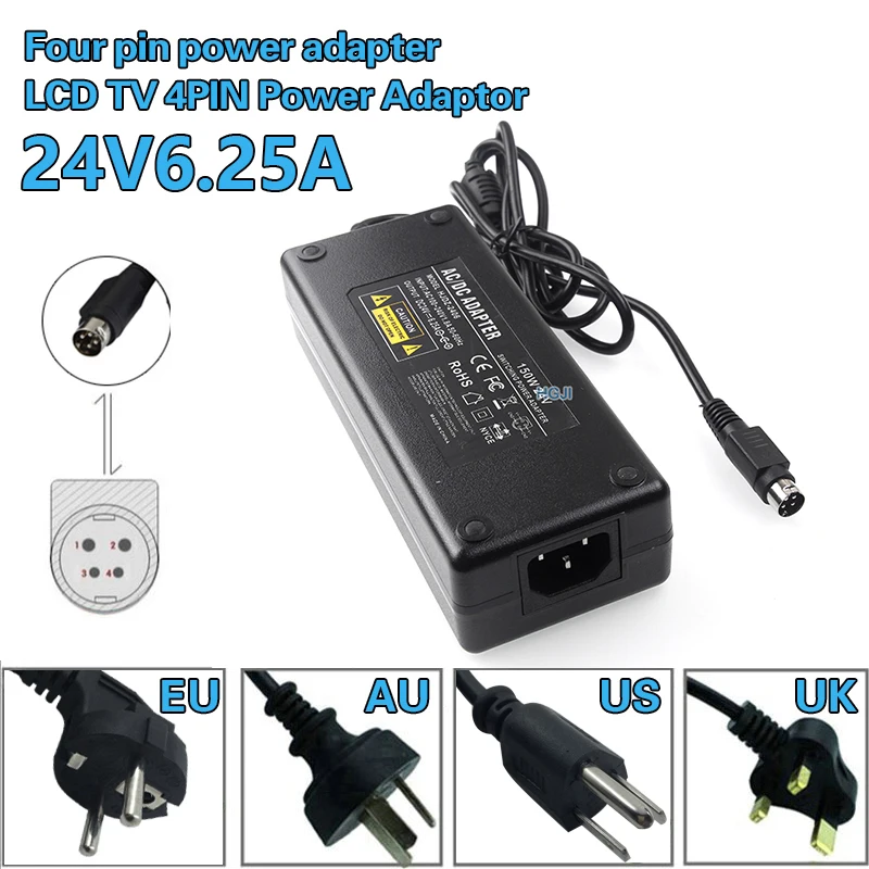 24 В 6.25A 4 Pin AC DC адаптер для ЖК-телевизора монитора импульсный источник питания адаптер конвертер DC24V 6A 4pin для ТВ DVR зарядное устройство