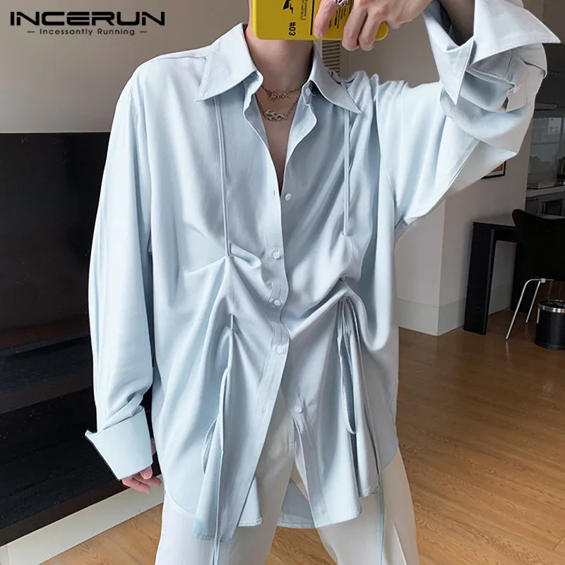 

2019 New Fashion Men Shirt Solid Color Drawstring Loose Lapel Neck Long Sleeve Tops Personality Korean Style Shirts Men INCERUN