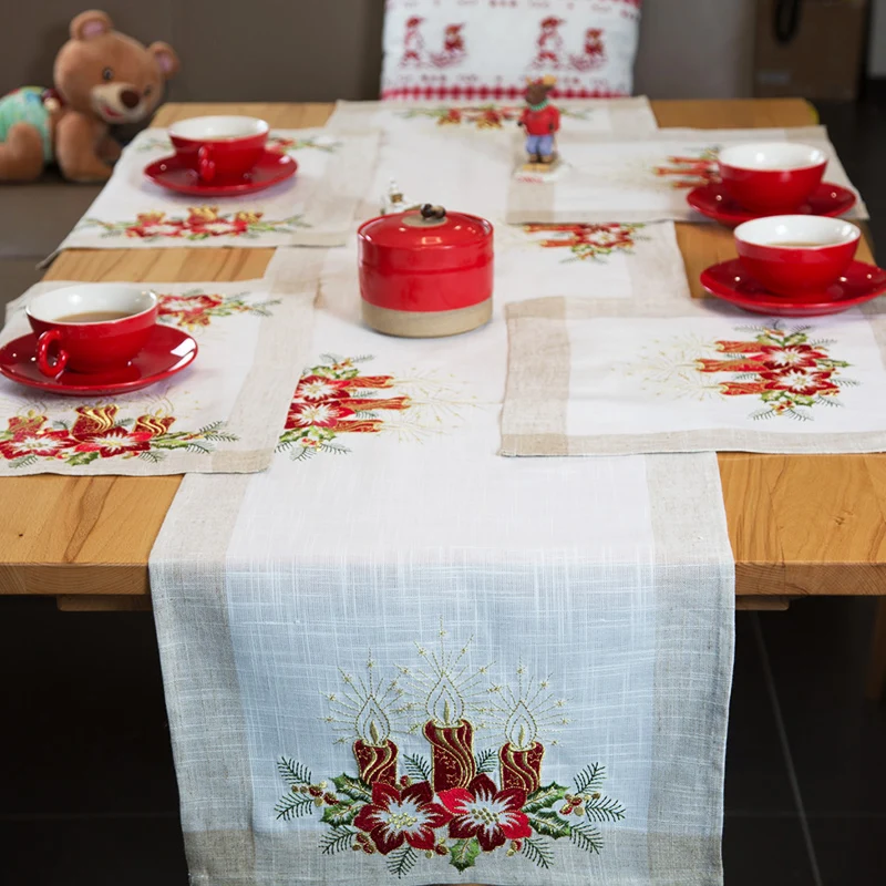 Christmas Embroidered Placemat Table runner Square Rectangle Tablecloth Holiday Party Water-washable