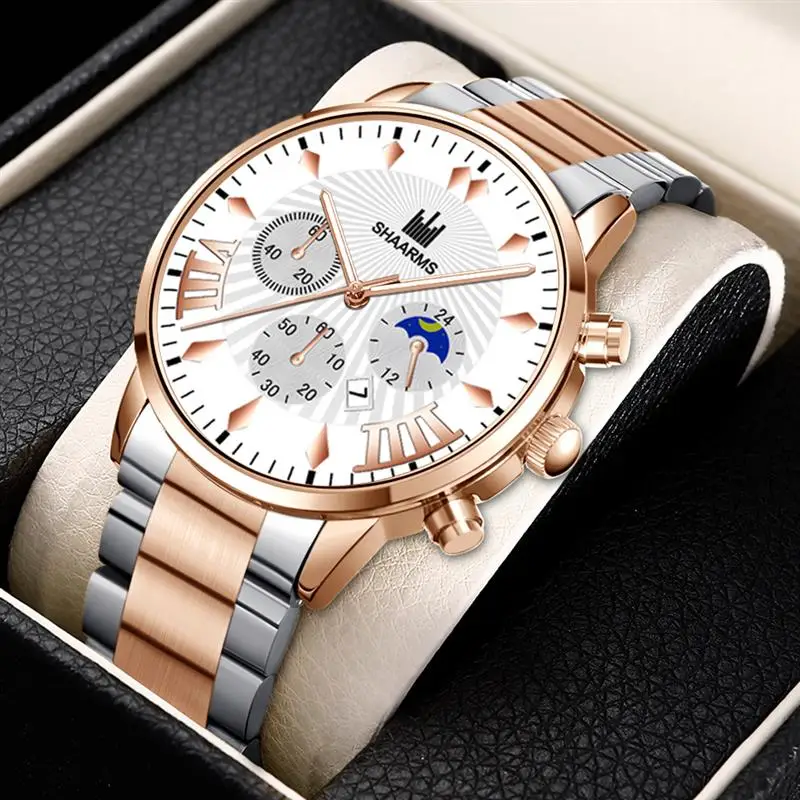 

SHAARMS Brown Silver Men Watch Quartz Clock Stainless Steel Analog Relogio Masculino Business Man Watches Date Wristwatch