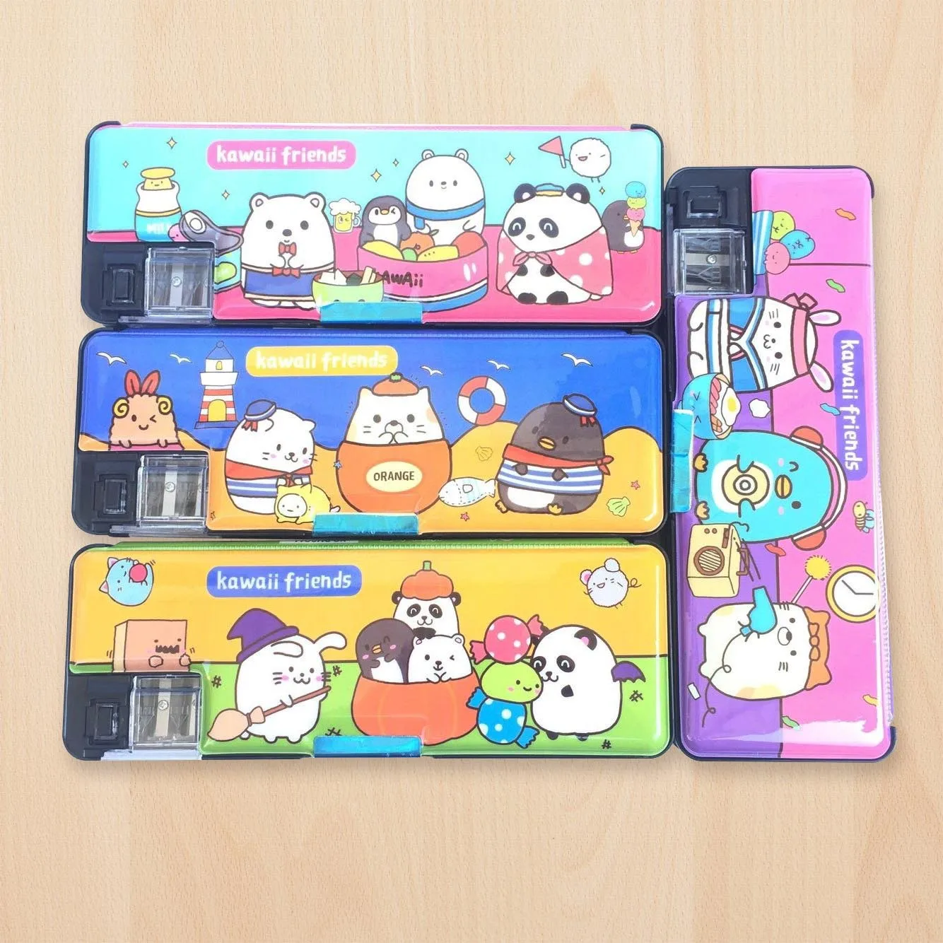 

New Style Multi-functional Plastic Pencil Box Students Cartoon Pencil Case with Pencil Sharpener Double Open Stationery Box Manu