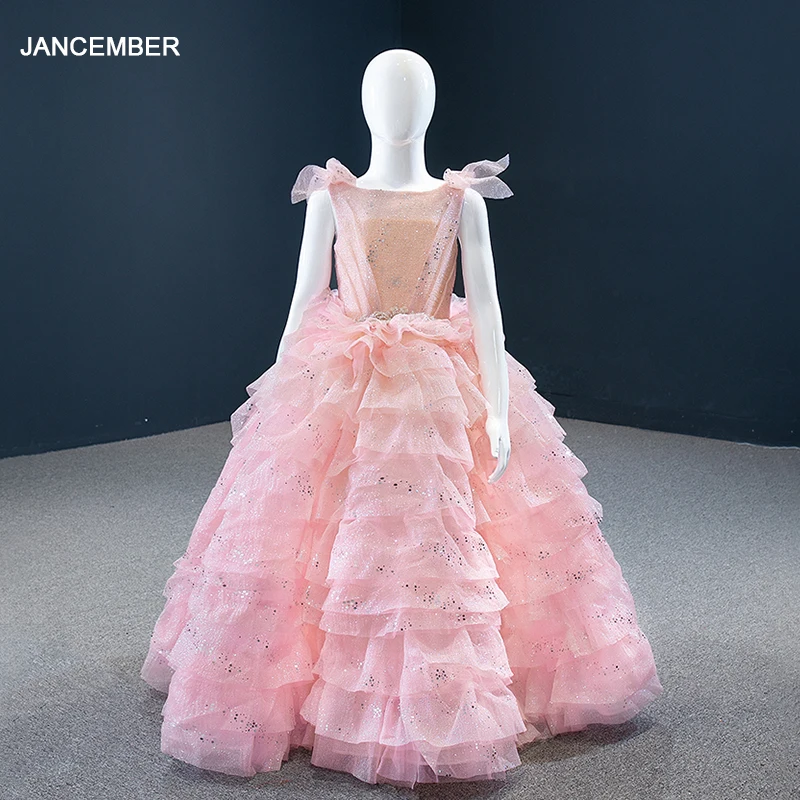 

J67033K Jancember New Pink Flower Girl Dresses Tiered Sequined O Neck Sleeveless Lace Up Ball Gowns Latest Blume Mädchen Kleider