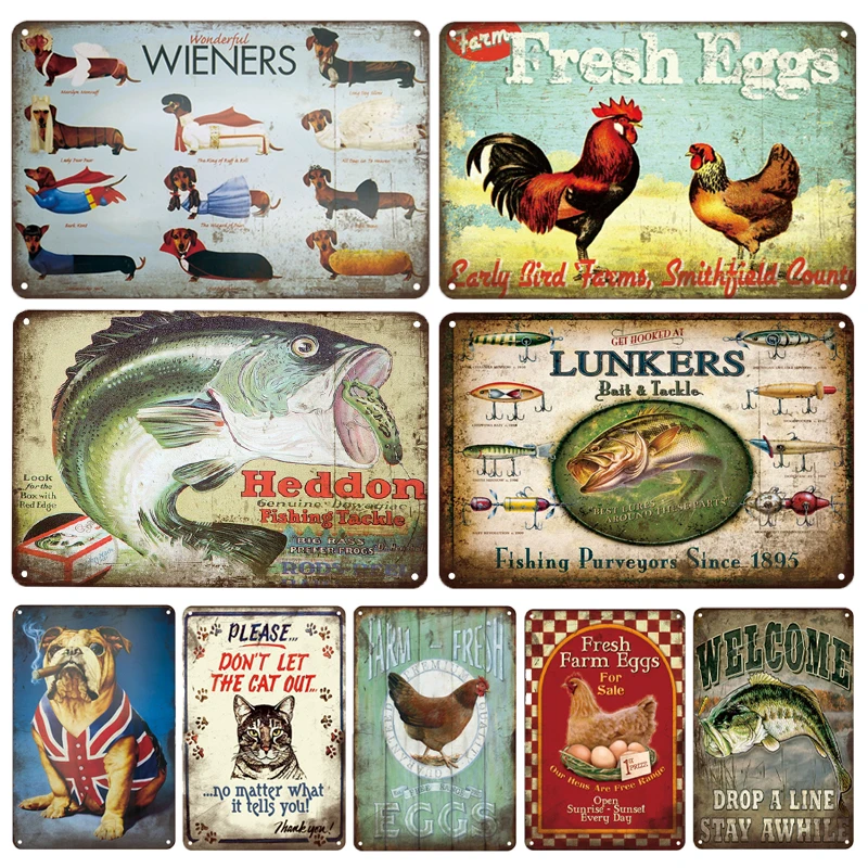

Cock Cat Dog Metal Sign Vintage Home Farmhouse Decor Shabby Chic Bulldog Poster Plaque Resturant Irish Pub Shop Wall Stickers