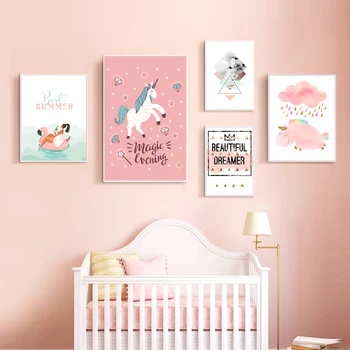

Nursery Wall Art Unicorn Flamingo Abstract Cartoon Nordic Posters and Print Canvas Painting Pink Sweet Kids Bebe Room Decoration