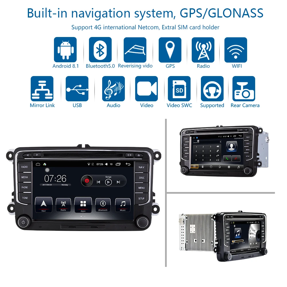 Sale Car Multimedia player 2 Din Android 8.1 Car DVD For Volkswagen/Golf/Polo/Tiguan/Passat/CC/SEAT/leon/Skoda/EOS Radio 7" 3