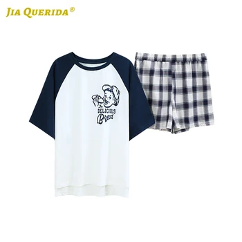 

Plaid Pajamas Set Homesuit Homeclothes Crew Neck Casual Style Pj Set Summer Woman Clothes Sleepwear Casual Style Fashion Style