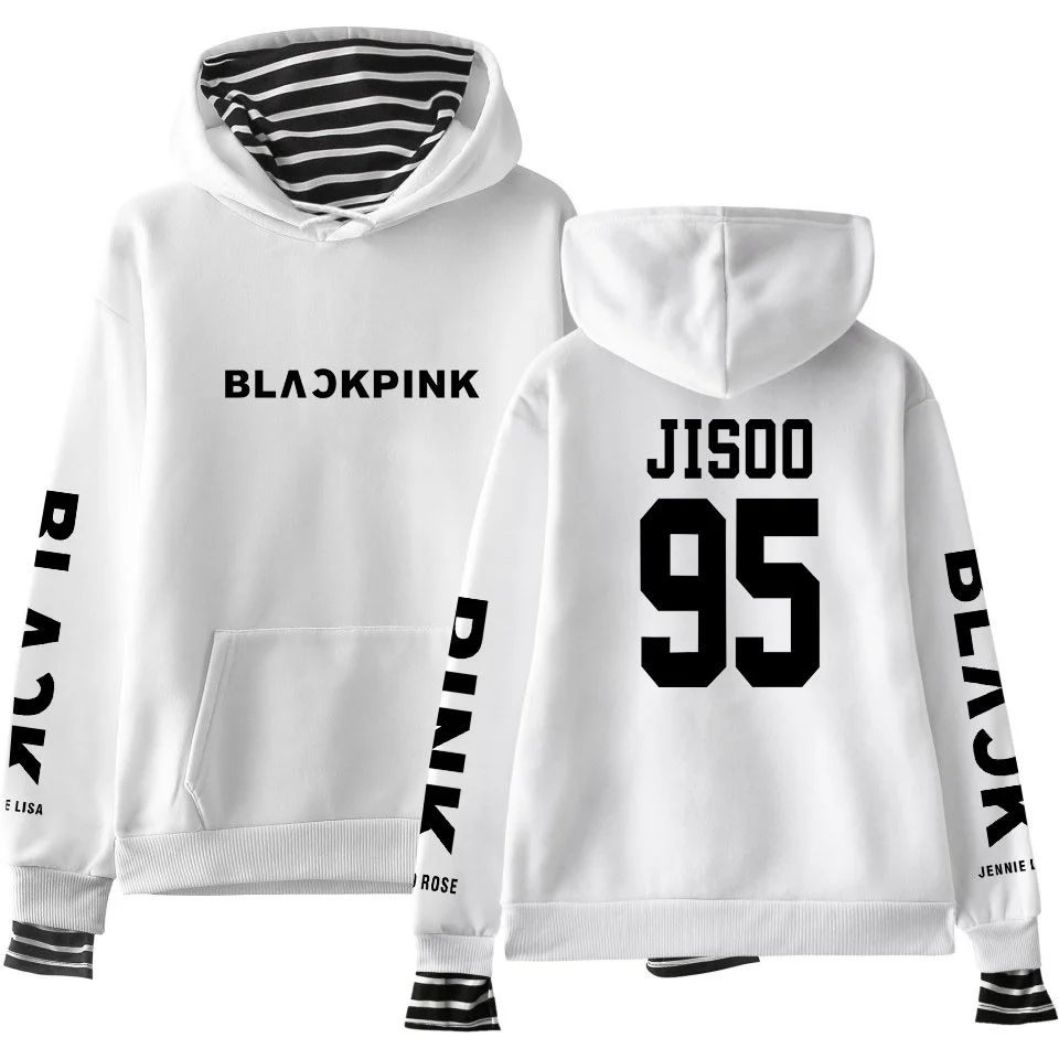 white 95 JISOO kpop Harajuku черно-розовые повседневные свободные поддельные два предмета толстовки с длинным рукавом корейский стиль толстовки высокое качество Sudadera - Цвет: white 95 JISOO