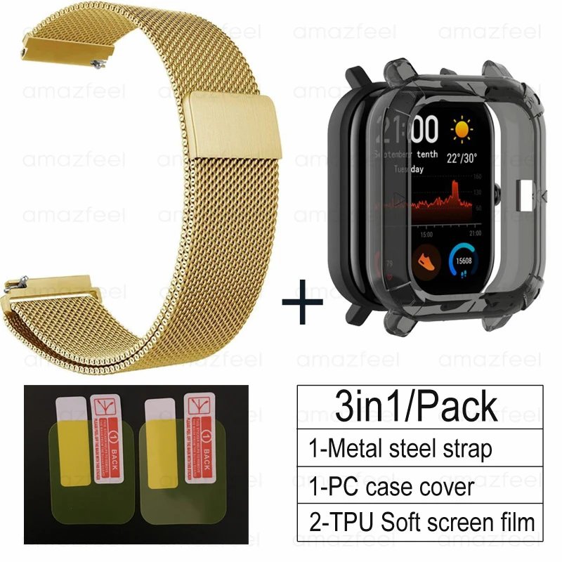 gold-black 3в1 наручный ремешок для Amazfit GTS чехол TPU металлический Миланский Браслет для Huami Amazfit gts ремешок для экрана Защитная пленка - Цвет: gold-black