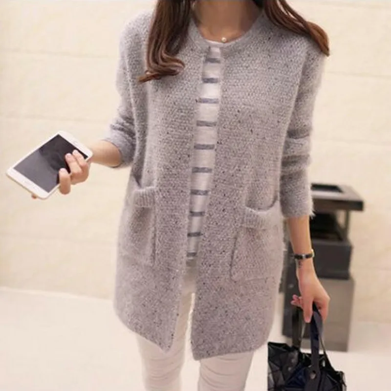

Wish Hot Selling 2019 Autumn Korean-style Women's Clothing Mohair with Pockets Mid-length Sweater Knit Cardigan Jacket
