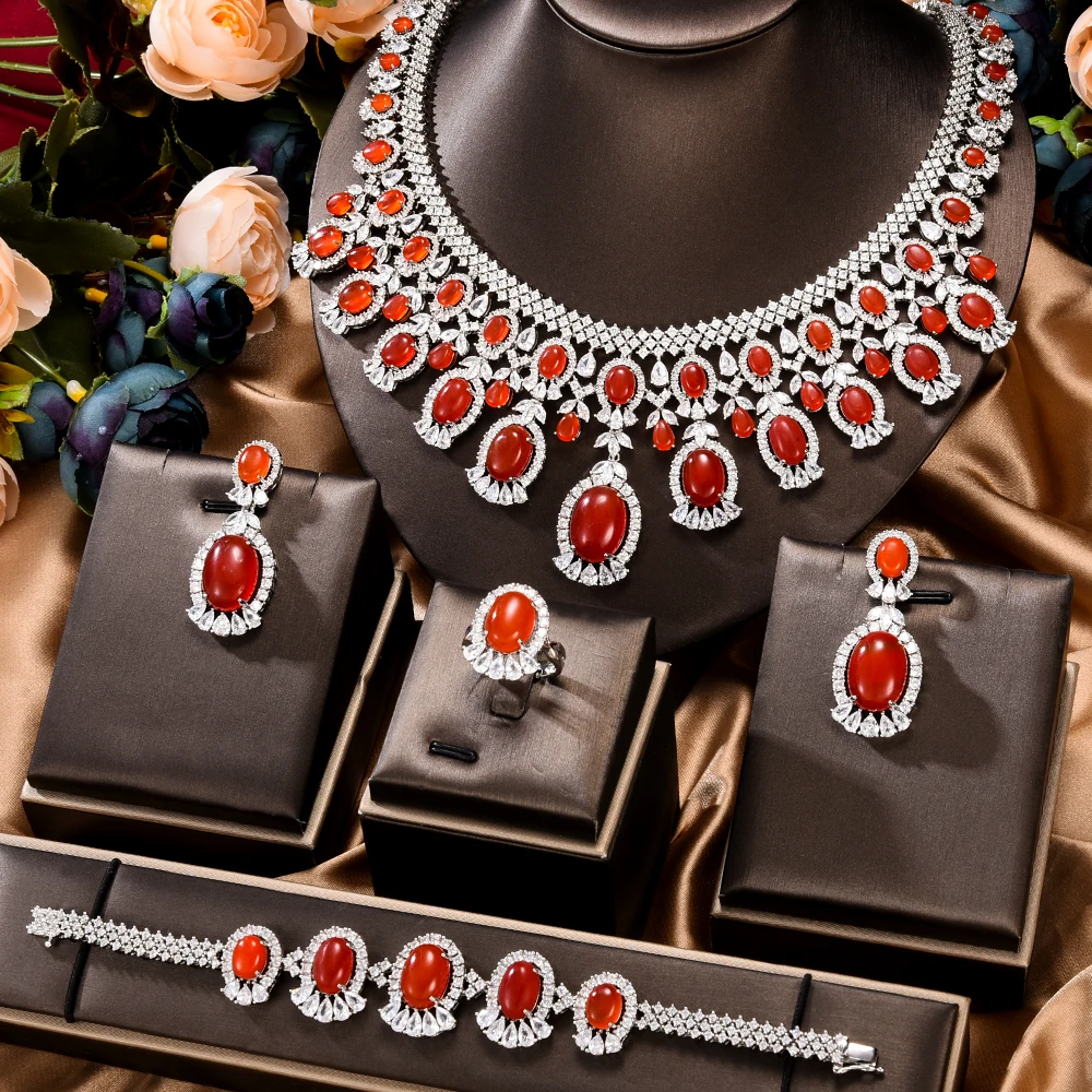 Soramoore New 4 PCS Shiny Luxury Bangle Earrings Necklace Ring Jewelry Set  Brides Wedding Jewellery Full CZ Charm High Quality - AliExpress