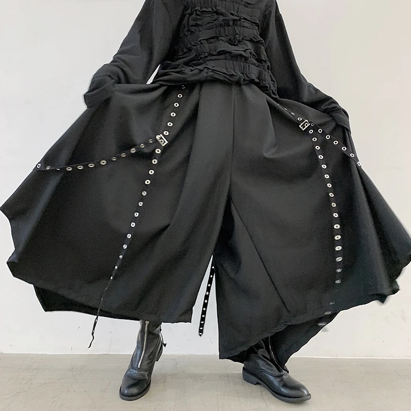 Spring autumn personality men rivet ribbon irregular pantskirt culotte man hip hop punk vintage wide leg pants DJ stage trousers