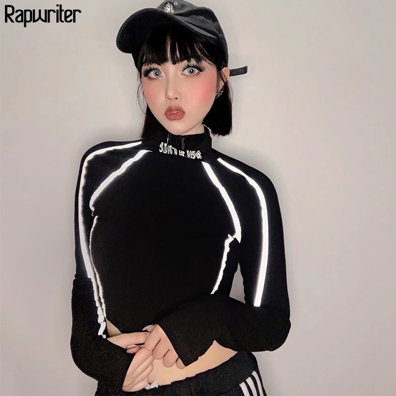 

Rapwriter Patchwork Reflective Striped T-Shirts Women 2020 Fall Streetwear Turtleneck Long Thumb Sleeve Basic T-shirt Crop Tops