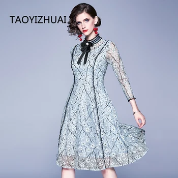 

TAOYIZHUAI summer new midi lace dress knee length o neck bow three quarter sleeves hollow out elegant office party women dress