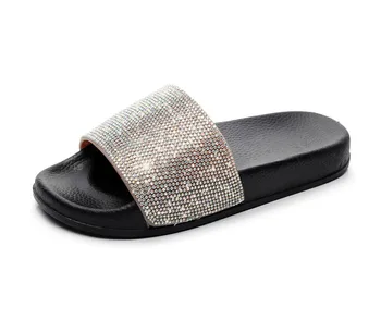 

Women Fashion Slides Women Slipper Female Crystal Flat Summer Shoes Rhinestone Thick Bottom Bling Beach Slides Slip On Slides