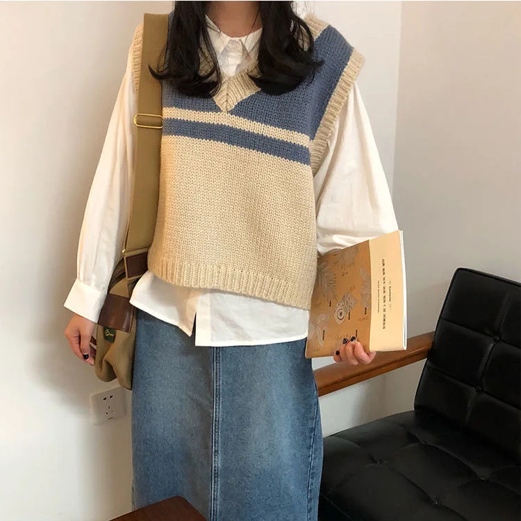 Striped Sweater Vest Sleeveless Tank Top Harajuku Chic V-necked Knit ...