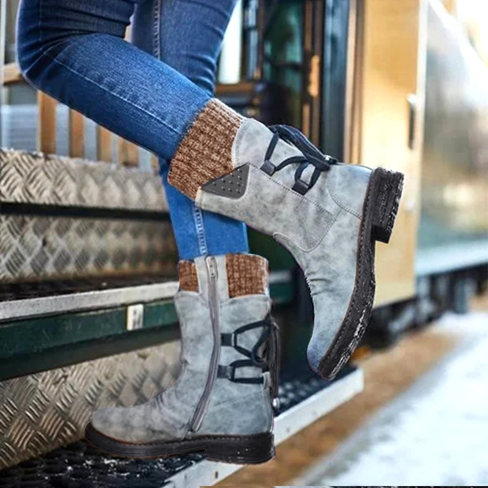 Gray B Puimentiua Winter Shoes Women Boots Basic Mid-Calf Boots Round Toe Zip Platform Decor Female Shoes Warm Lace Up Boots Shoes - Цвет: Gray B