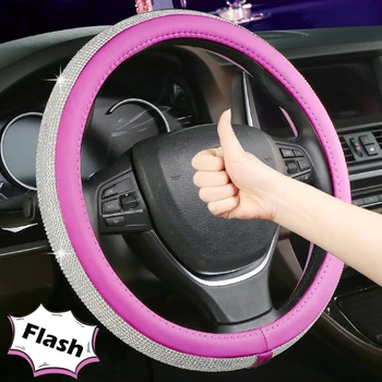 

Rhinestone Car Leather Steering Wheel Covers Fashion Universal Crystal Cover Auto Car Interior Accessories For Bling Women