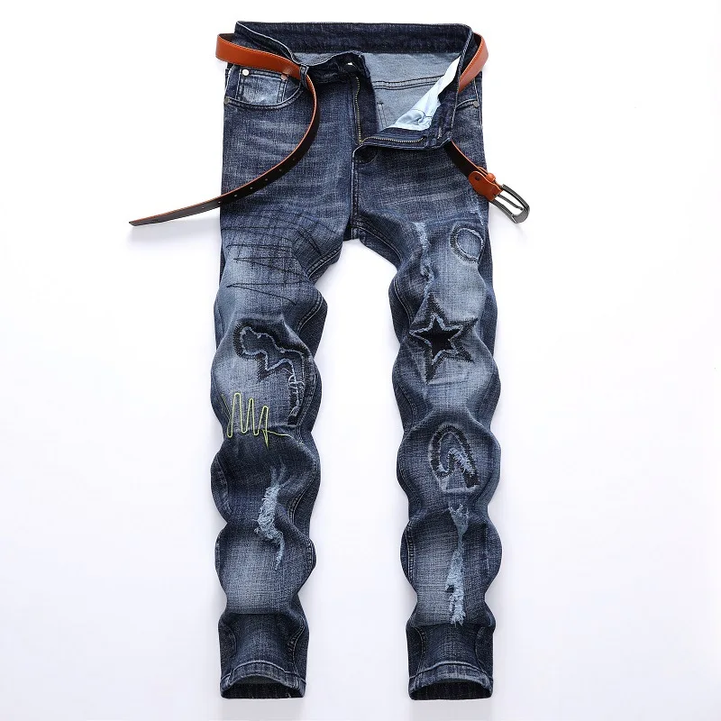 

European and American Men's Jeans Light Color Elastic Hole Badge Jeans Trend Men's Pants Ripped Jeans for Men Biker Denim Jeans