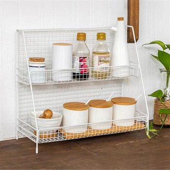 

Home Double Layers Rack Metal Kitchen Bedroom Desk Organizer Seasoning Jar Student Dormitory Storage Shelf-White