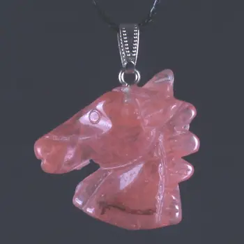 

6PCS Wholesale Hot Selling Reiki Healing Natural Stone Pendant Pink Quartz Engraved Horse Head Shaped Pendant Necklace DIY Women