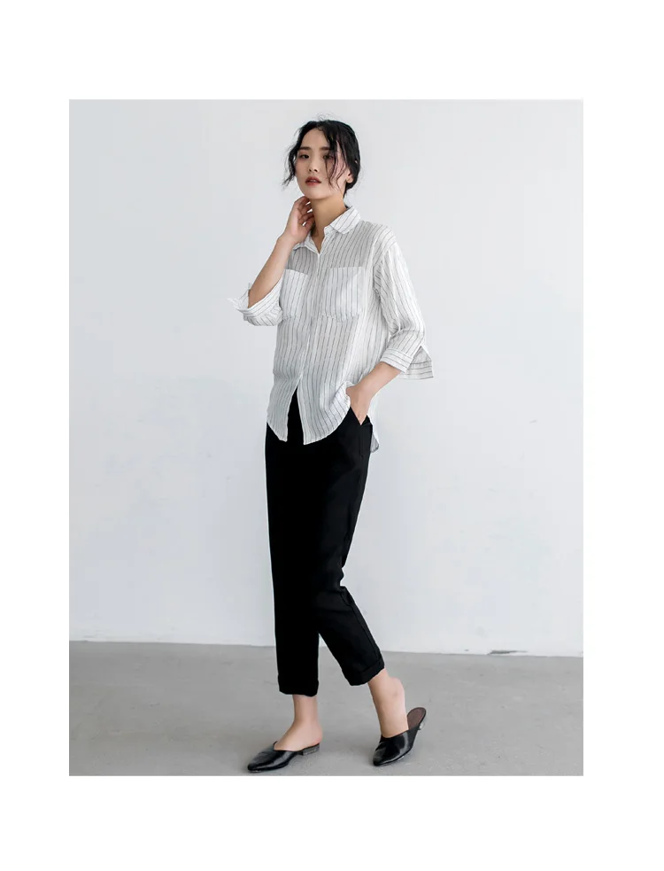 Повседневная полосатая Женская одежда, корейская модная одежда, Blusas Mujer De Moda, три четверти, офисная блузка для женщин, 5250 50
