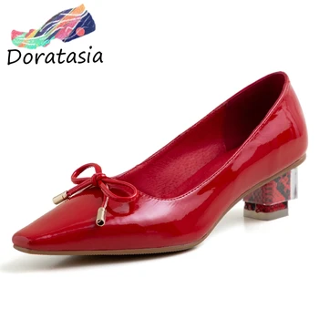 

DORATASIA New Girl Office Fashion Patent PU Pumps Ol Mature Pointed Toe Pumps Women Med Strange Heels Shoes Woman