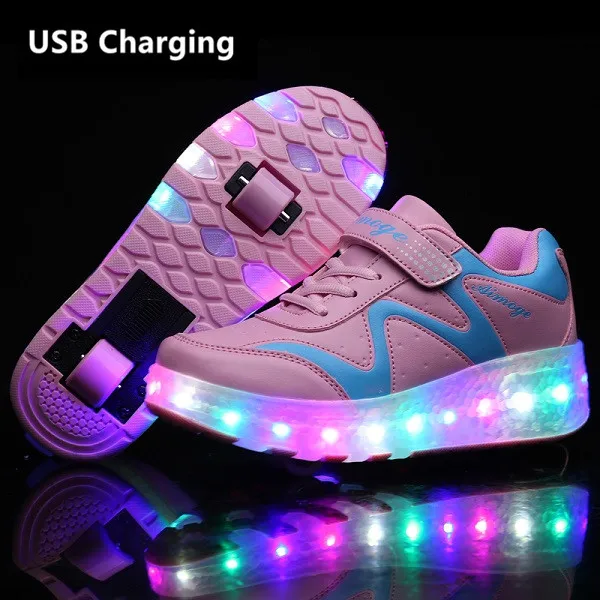Two Wheels USB Charging Sneakers Red Led Light Roller Skate Shoes for Children Kids Boys Girls Up Unisex | Детская одежда и обувь