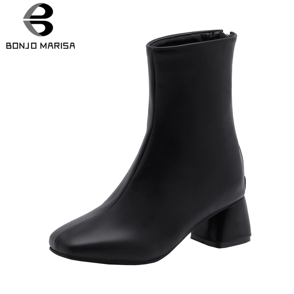 

BONJOMARISA New Elegant Square Toe Booties Ladies Plus Size 28-52 Winter Fur Ankle Boots Women 2019 High Heels Shoes Woman