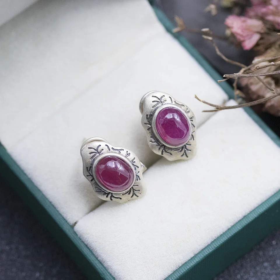 Anzogems vintange natural Ruby stud earrings 925 sterling silver oval 8*6mm gemstone fine jewelry for women's Mother's day gift