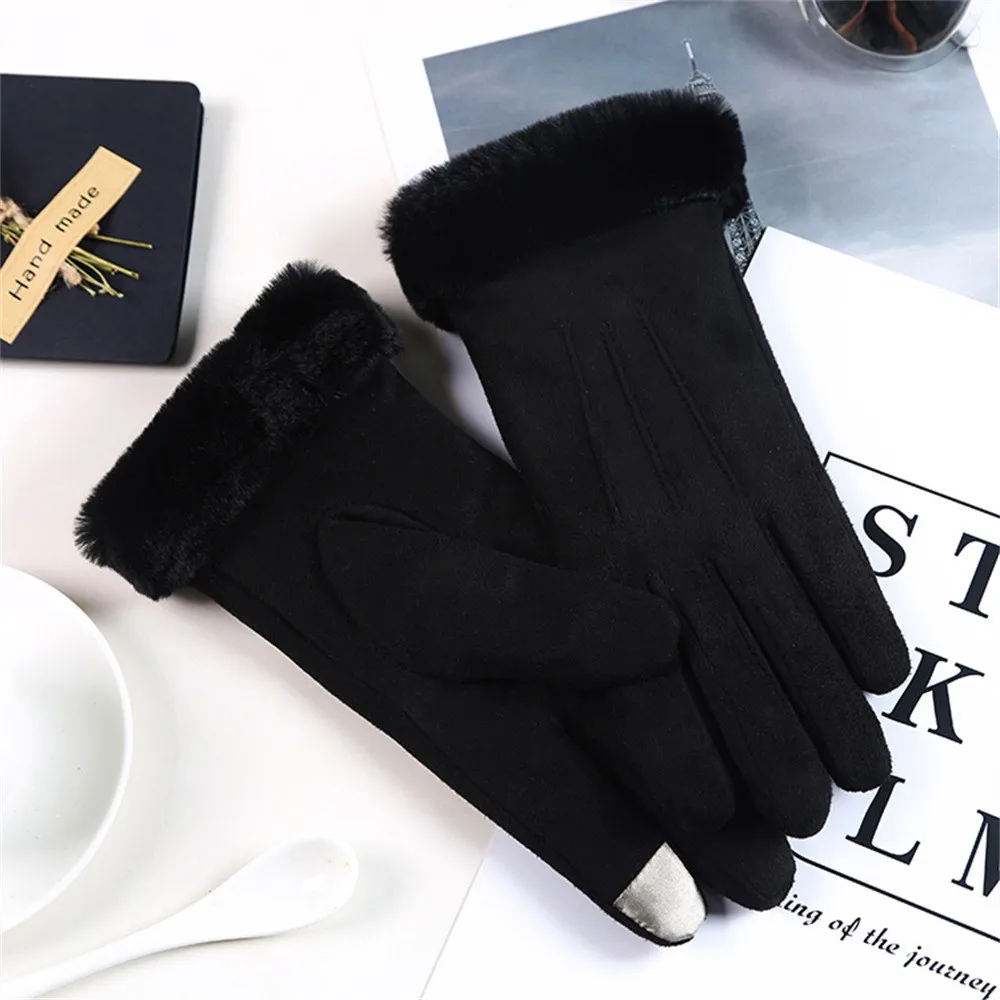 Black Однотонные женские перчатки с Двойным Толстым плюшем на запястье, женские перчатки на осень и зиму, теплые ветрозащитные теплые бархатные рукавички - Цвет: Black